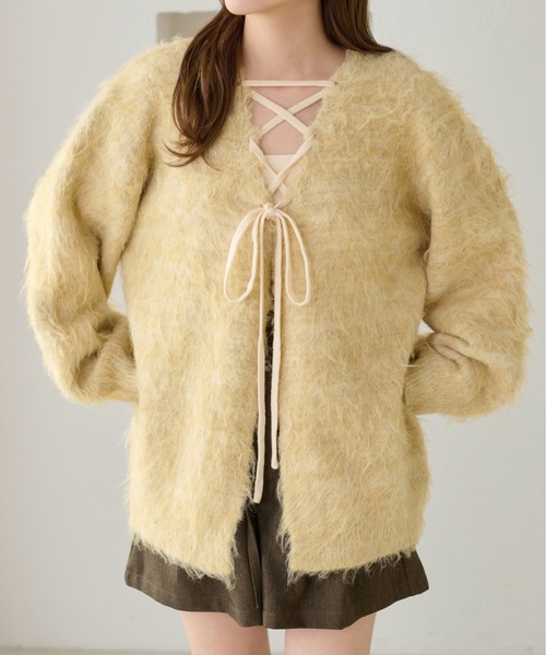 apres jour clair】シャギーレースアップニットカーディガン