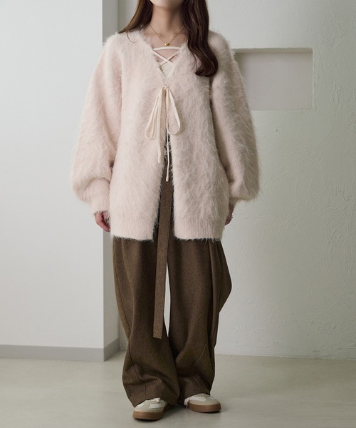 apres jour clair】シャギーレースアップニットカーディガン