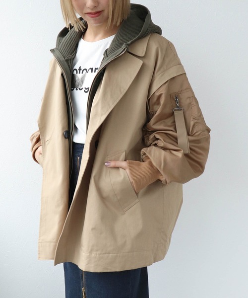 Three Four Time（ｽﾘｰﾌｫｰﾀｲﾑ）の「MA-1スリーブビッグカラーハーフコート（ブルゾン・レディース・ベージュ/ブラック・FREE）」の10枚目の写真