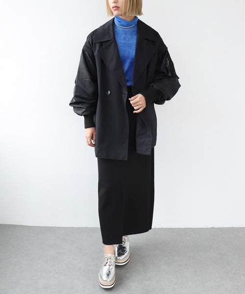 Three Four Time（ｽﾘｰﾌｫｰﾀｲﾑ）の「MA-1スリーブビッグカラーハーフコート（ブルゾン・レディース・ベージュ/ブラック・FREE）」の6枚目の写真