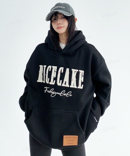 韓国ファッション RICECAKEツイード刺繍ロゴフーディー（パーカー
