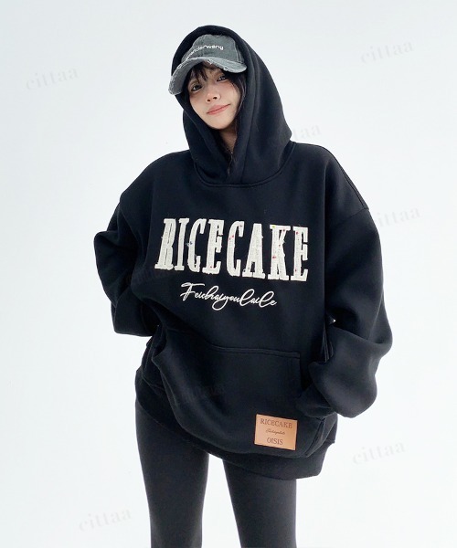 韓国ファッション RICECAKEツイード刺繍ロゴフーディー（パーカー