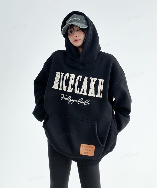 韓国ファッション RICECAKEツイード刺繍ロゴフーディー（パーカー