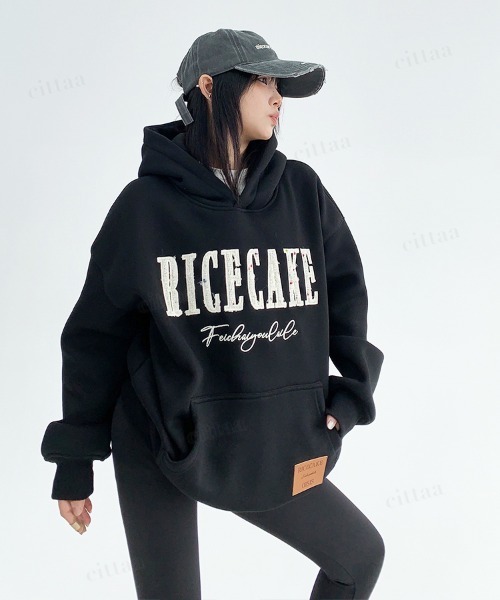 Dalfwin（ダールフィン）の「韓国ファッション　RICECAKEツイード刺繍ロゴフーディー（パーカー・レディース・ブラック/グレー・FREE）」の7枚目の写真