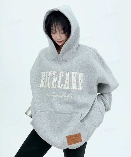 Dalfwin（ダールフィン）の「韓国ファッション　RICECAKEツイード刺繍ロゴフーディー（パーカー・レディース・ブラック/グレー・FREE）」の13枚目の写真