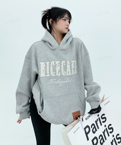Dalfwin（ダールフィン）の「韓国ファッション　RICECAKEツイード刺繍ロゴフーディー（パーカー・レディース・ブラック/グレー・FREE）」の18枚目の写真