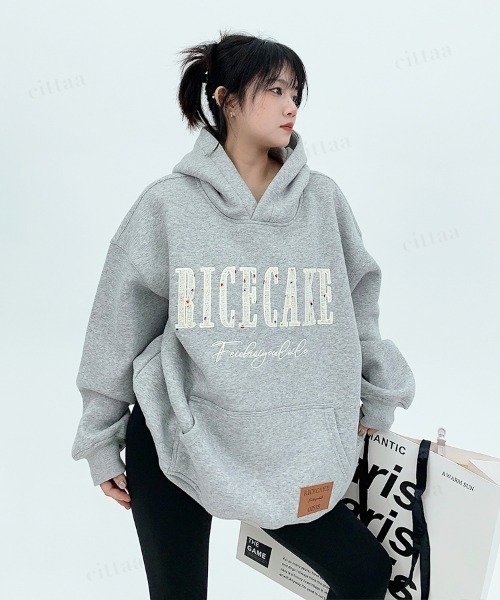 Dalfwin（ダールフィン）の「韓国ファッション　RICECAKEツイード刺繍ロゴフーディー（パーカー・レディース・ブラック/グレー・FREE）」の19枚目の写真