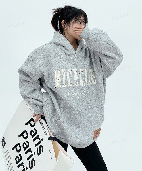 Dalfwin（ダールフィン）の「韓国ファッション　RICECAKEツイード刺繍ロゴフーディー（パーカー・レディース・ブラック/グレー・FREE）」の20枚目の写真