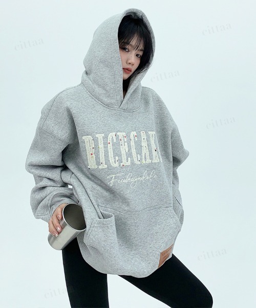 Dalfwin（ダールフィン）の「韓国ファッション　RICECAKEツイード刺繍ロゴフーディー（パーカー・レディース・ブラック/グレー・FREE）」の21枚目の写真