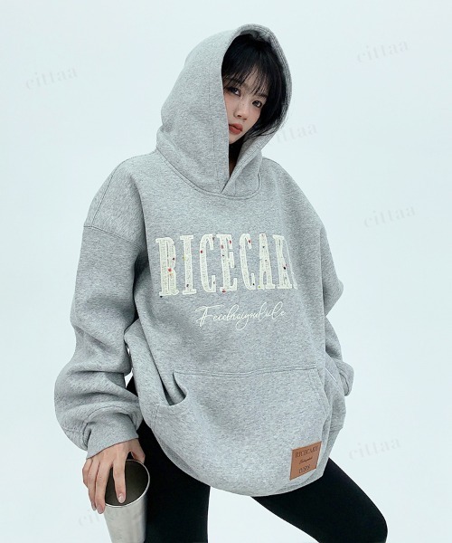 Dalfwin（ダールフィン）の「韓国ファッション　RICECAKEツイード刺繍ロゴフーディー（パーカー・レディース・ブラック/グレー・FREE）」の22枚目の写真