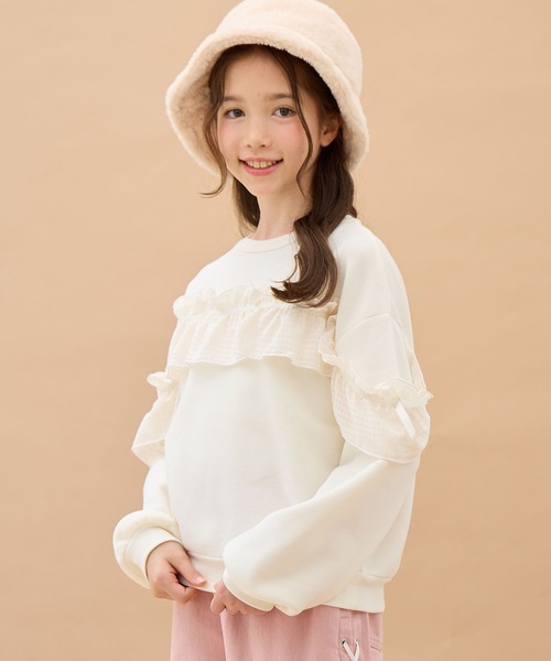 Amourire girl（アムリールガール）の「ぽわん袖シフォンフリルプルオーバー（スウェット・キッズ・オフホワイト/グレー/サックスブルー・160cm/150cm/140cm/130cm）」の2枚目の写真