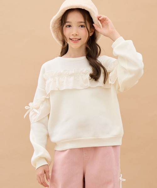Amourire girl（アムリールガール）の「ぽわん袖シフォンフリルプルオーバー（スウェット・キッズ・オフホワイト/グレー/サックスブルー・160cm/150cm/140cm/130cm）」の4枚目の写真