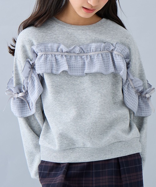 Amourire girl（アムリールガール）の「ぽわん袖シフォンフリルプルオーバー（スウェット・キッズ・オフホワイト/グレー/サックスブルー・160cm/150cm/140cm/130cm）」の18枚目の写真