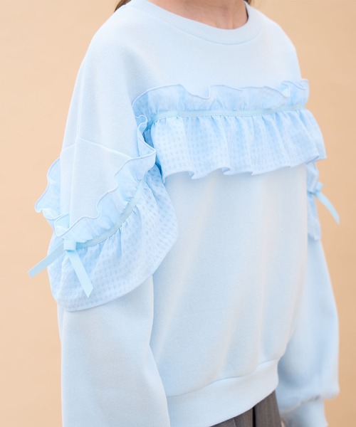 Amourire girl（アムリールガール）の「ぽわん袖シフォンフリルプルオーバー（スウェット・キッズ・オフホワイト/グレー/サックスブルー・160cm/150cm/140cm/130cm）」の16枚目の写真
