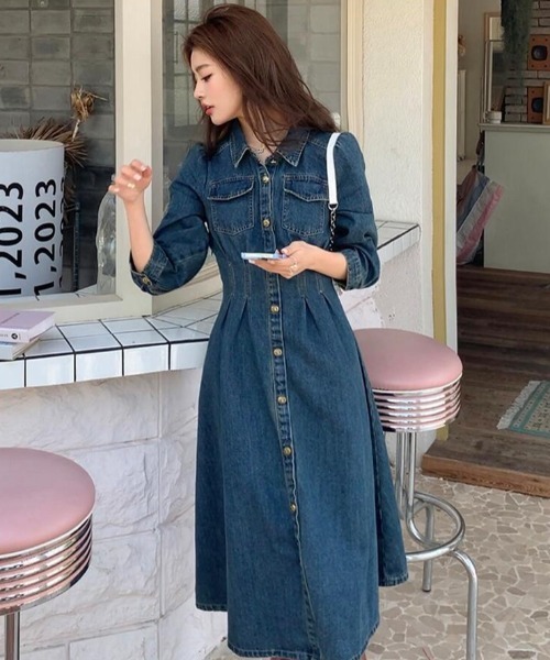 セール】シンプルデザインのデニムワンピース（ワンピース）｜semplice