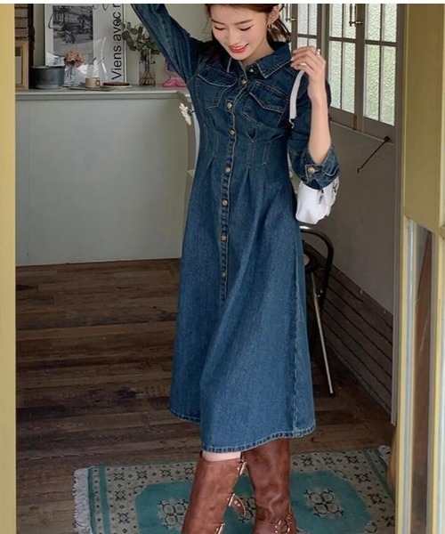 セール】シンプルデザインのデニムワンピース（ワンピース）｜semplice
