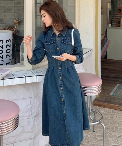 セール】シンプルデザインのデニムワンピース（ワンピース）｜semplice