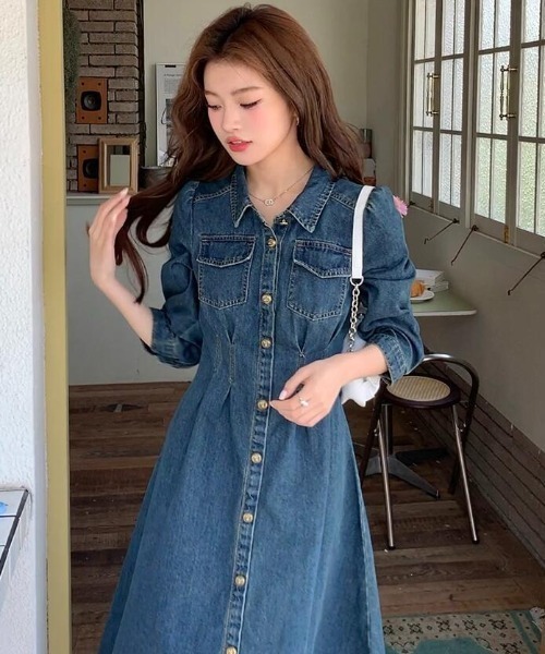 セール】シンプルデザインのデニムワンピース（ワンピース）｜semplice