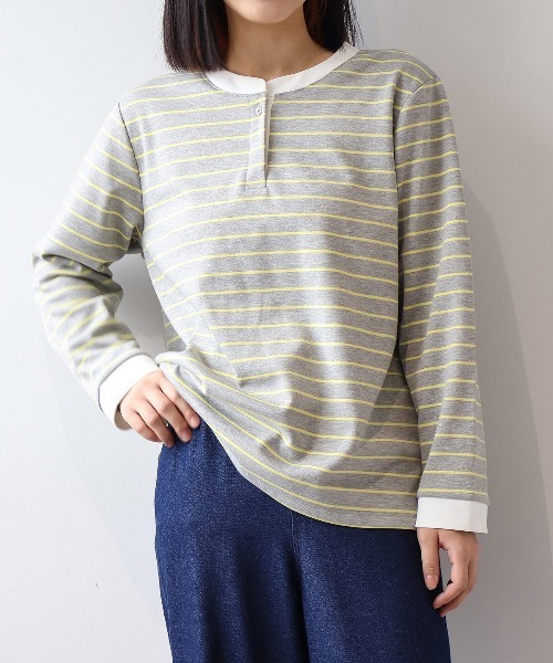 MB mint breeze（エムビーミントブリーズ）の「【L～6L 大きいサイズ】裏起毛バンドカラーボーダーカットソー（Tシャツ/カットソー・レディース・オフホワイト/グレー/ネイビー・LL/3L/4L/5L/6L）」の3枚目の写真
