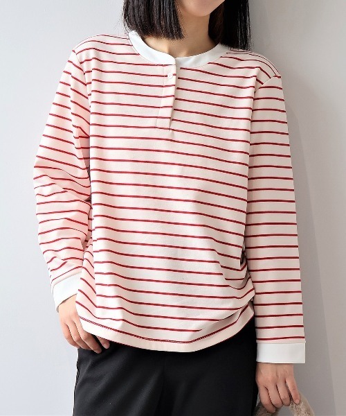 MB mint breeze（エムビーミントブリーズ）の「【L～6L 大きいサイズ】裏起毛バンドカラーボーダーカットソー（Tシャツ/カットソー・レディース・オフホワイト/グレー/ネイビー・LL/3L/4L/5L/6L）」の2枚目の写真