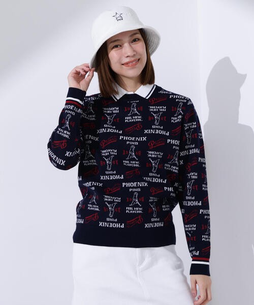 セール】【PING APPAREL】ジャガード総柄クルーネックニットプル