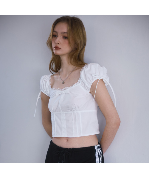 セール】Ribbon Pintuck Crop Blouse [White]（シャツ/ブラウス