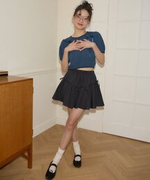 Ribbon Shirring Mini Skirt_ Black