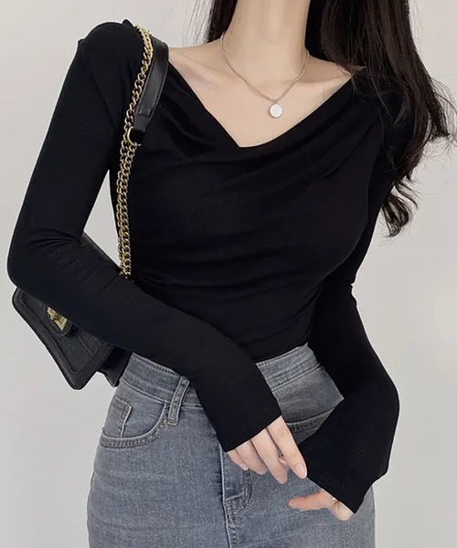 Girly Doll(ガーリードール)の「ドレープネックロングスリーブカットソー(Tシャツ/カットソー・レディース・ホワイト/ミント/アイボリー/カーキ/ブラック・F)」の3枚目の写真