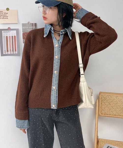 セール】〇金ボタン デニム切替レイヤード風ニットカーディガン