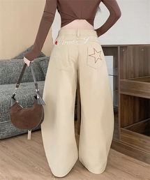 刺繍でサインワイドバギーデニムパンツ