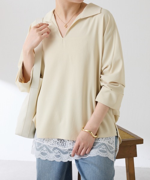 COLLAGE GALLARDAGALANTE（コラージュガリャルダガランテ）の「ジャージスキッパードルマンシャツ/セットアップ可/WEB限定カラー展開（シャツ/ブラウス・レディース・ネイビー/イエロー/ブラック/オフホワイト・FREE）」の4枚目の写真