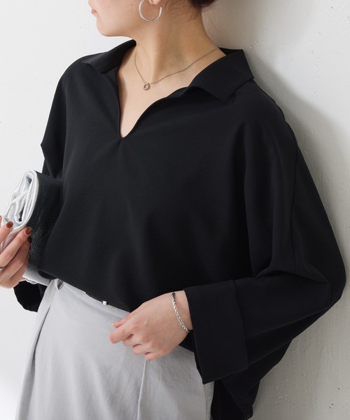 COLLAGE GALLARDAGALANTE（コラージュガリャルダガランテ）の「ジャージスキッパードルマンシャツ/セットアップ可/WEB限定カラー展開（シャツ/ブラウス・レディース・ネイビー/イエロー/ブラック/オフホワイト・FREE）」の2枚目の写真