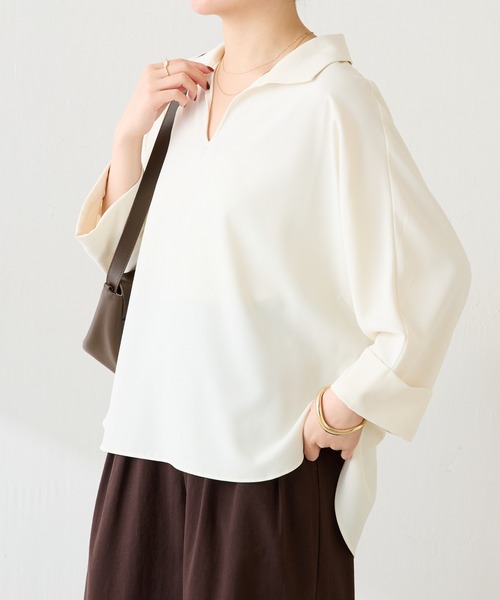 COLLAGE GALLARDAGALANTE（コラージュガリャルダガランテ）の「ジャージスキッパードルマンシャツ/セットアップ可/WEB限定カラー展開（シャツ/ブラウス・レディース・ネイビー/イエロー/ブラック/オフホワイト・FREE）」の6枚目の写真