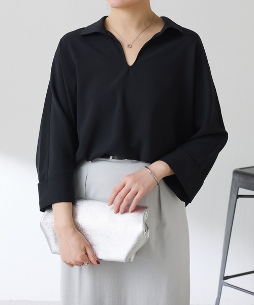 COLLAGE GALLARDAGALANTE（コラージュガリャルダガランテ）の「ジャージスキッパードルマンシャツ/セットアップ可/WEB限定カラー展開（シャツ/ブラウス・レディース・ネイビー/イエロー/ブラック/オフホワイト・FREE）」の16枚目の写真