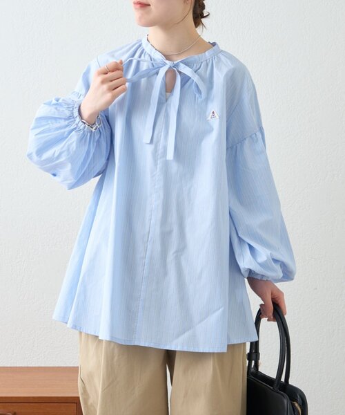 GEVACO（ゲバコ）の「【GEVACO】ストライプ柄ボウタイギャザーチュニックブラウス（シャツ/ブラウス・レディース・ピンク/ベージュ/ブルー・ONE SIZE）」の3枚目の写真