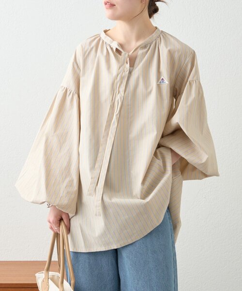 GEVACO（ゲバコ）の「【GEVACO】ストライプ柄ボウタイギャザーチュニックブラウス（シャツ/ブラウス・レディース・ピンク/ベージュ/ブルー・ONE SIZE）」の6枚目の写真