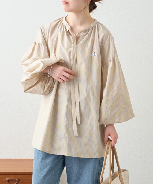 GEVACO（ゲバコ）の「【GEVACO】ストライプ柄ボウタイギャザーチュニックブラウス（シャツ/ブラウス・レディース・ピンク/ベージュ/ブルー・ONE SIZE）」の5枚目の写真