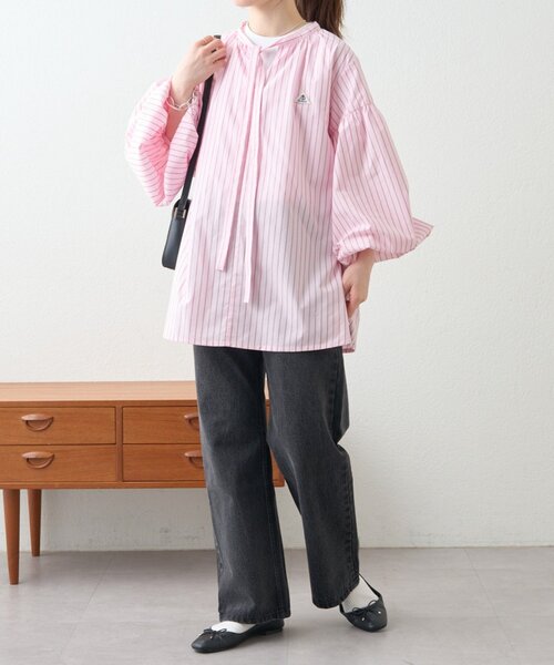 GEVACO（ゲバコ）の「【GEVACO】ストライプ柄ボウタイギャザーチュニックブラウス（シャツ/ブラウス・レディース・ピンク/ベージュ/ブルー・ONE SIZE）」の18枚目の写真