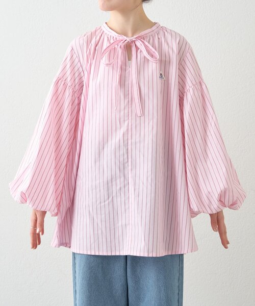 GEVACO（ゲバコ）の「【GEVACO】ストライプ柄ボウタイギャザーチュニックブラウス（シャツ/ブラウス・レディース・ピンク/ベージュ/ブルー・ONE SIZE）」の15枚目の写真