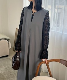 キーネックフロントタックロングワンピース