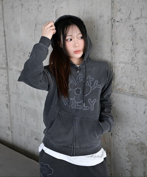 Wacky WiLLy（ワッキーウィリー）の「[GISELLEジゼル着用] WOMEN'S BIG LILY DENIM WASH OVERFIT HOODED ZIP-UP（パーカー・レディース・ダークグレー・FREE）」の10枚目の写真