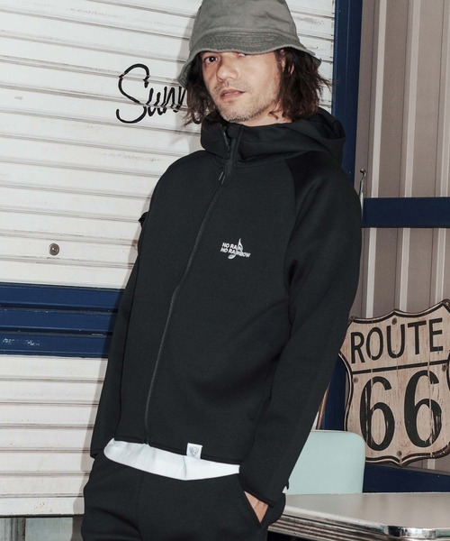 No Rain No Rainbow(ノーレインノーレインボー)の「mpa4066-cardboard knit high-neck hoodie with two-tone embroidery ジップパーカー(NR26S-11)(パーカー・メンズ・ネイビー/トップグレー/ブラック・XL/L/M/S)」の9枚目の写真