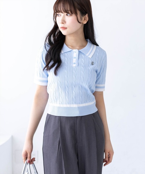 clear（クリア）の「配色ケーブル半袖ポロニット［骨格ストレート / 細見え / きれいめカジュアル］（ニット/セーター・レディース・ネイビー/オフホワイト/サックスブルー/ピンク・F）」の4枚目の写真