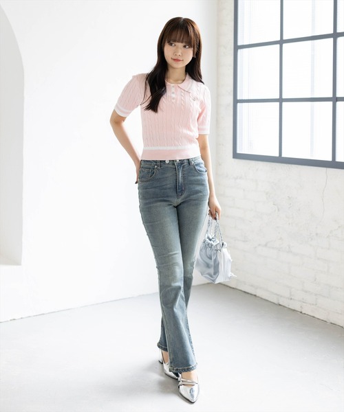 clear（クリア）の「配色ケーブル半袖ポロニット［骨格ストレート / 細見え / きれいめカジュアル］（ニット/セーター・レディース・ネイビー/オフホワイト/サックスブルー/ピンク・F）」の21枚目の写真