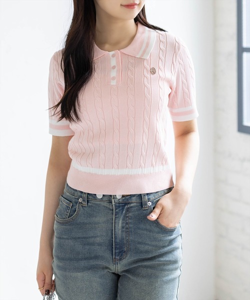 clear（クリア）の「配色ケーブル半袖ポロニット［骨格ストレート / 細見え / きれいめカジュアル］（ニット/セーター・レディース・ネイビー/オフホワイト/サックスブルー/ピンク・F）」の19枚目の写真