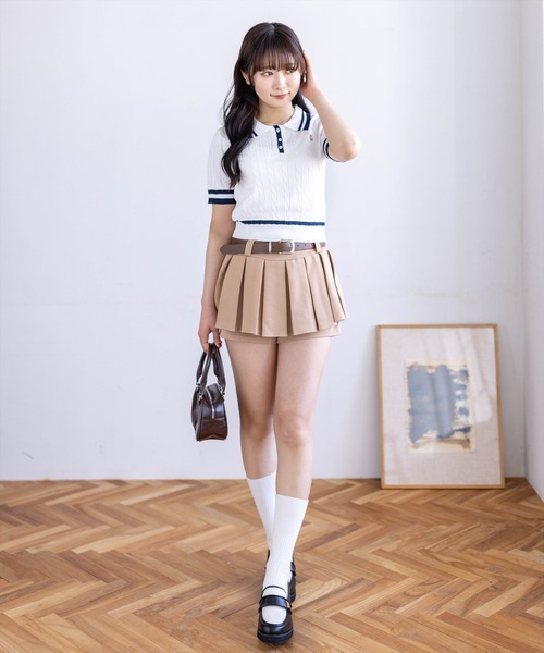 clear（クリア）の「配色ケーブル半袖ポロニット［骨格ストレート / 細見え / きれいめカジュアル］（ニット/セーター・レディース・ネイビー/オフホワイト/サックスブルー/ピンク・F）」の7枚目の写真