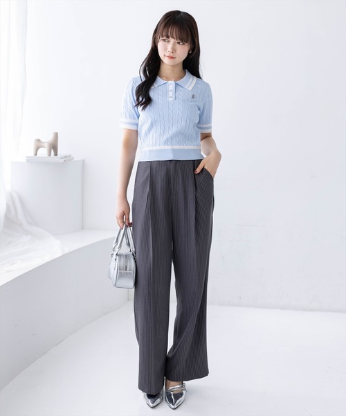 clear（クリア）の「配色ケーブル半袖ポロニット［骨格ストレート / 細見え / きれいめカジュアル］（ニット/セーター・レディース・ネイビー/オフホワイト/サックスブルー/ピンク・F）」の9枚目の写真