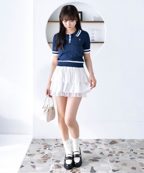 clear（クリア）の「配色ケーブル半袖ポロニット［骨格ストレート / 細見え / きれいめカジュアル］（ニット/セーター・レディース・ネイビー/オフホワイト/サックスブルー/ピンク・F）」の14枚目の写真