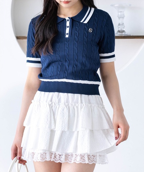 clear（クリア）の「配色ケーブル半袖ポロニット［骨格ストレート / 細見え / きれいめカジュアル］（ニット/セーター・レディース・ネイビー/オフホワイト/サックスブルー/ピンク・F）」の13枚目の写真