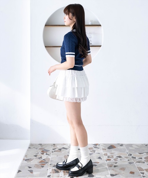 clear（クリア）の「配色ケーブル半袖ポロニット［骨格ストレート / 細見え / きれいめカジュアル］（ニット/セーター・レディース・ネイビー/オフホワイト/サックスブルー/ピンク・F）」の15枚目の写真